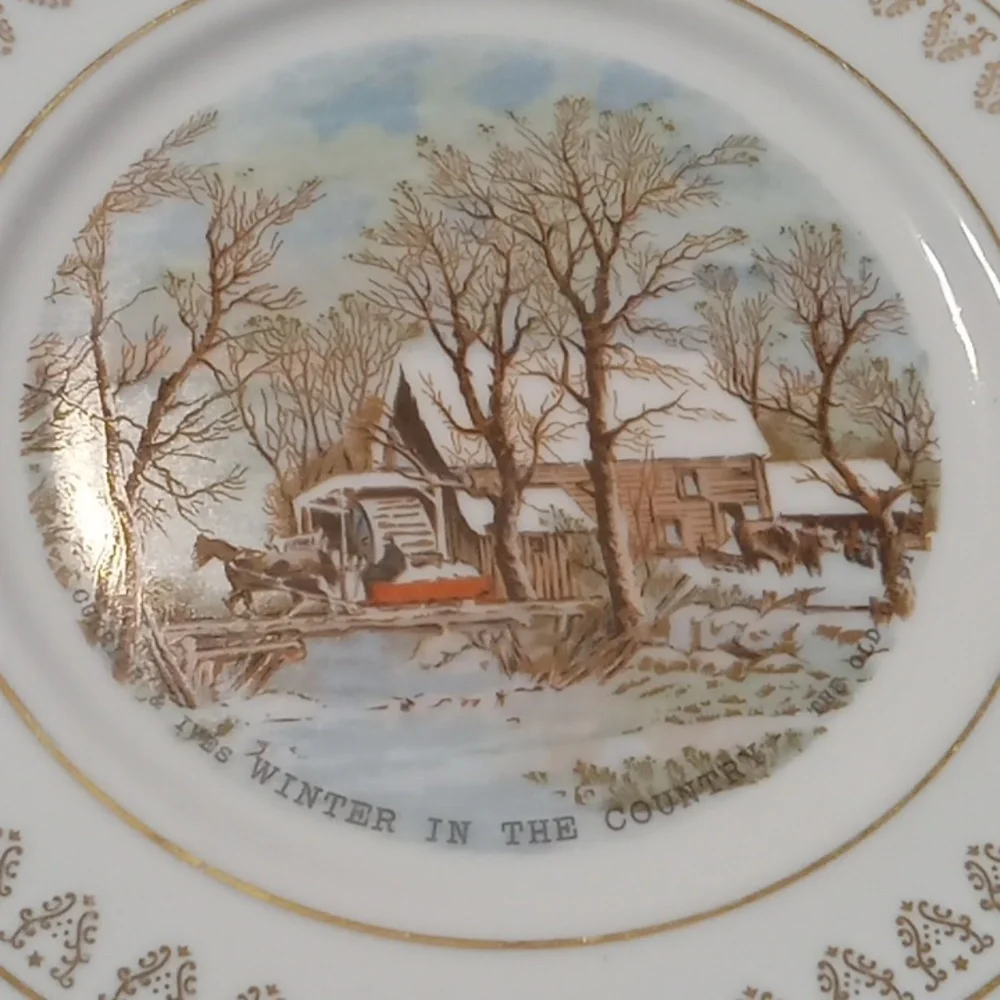 Vintage Winter Countryside Plate with Gold Accents - Picture 2 of 4